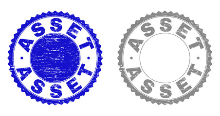 Grunge ASSET stamp seals isolated on a white background. Rosette seals with grunge texture in blue and grey colors. Vector rubber watermark of ASSET text inside round rosette.