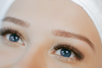 Close up view of beautiful blue female eye with long eyelashes, smooth healthy skin. Eyelash extension procedure. Perfect trendy eyebrows. Good vision, contact lenses. Eye health and care.