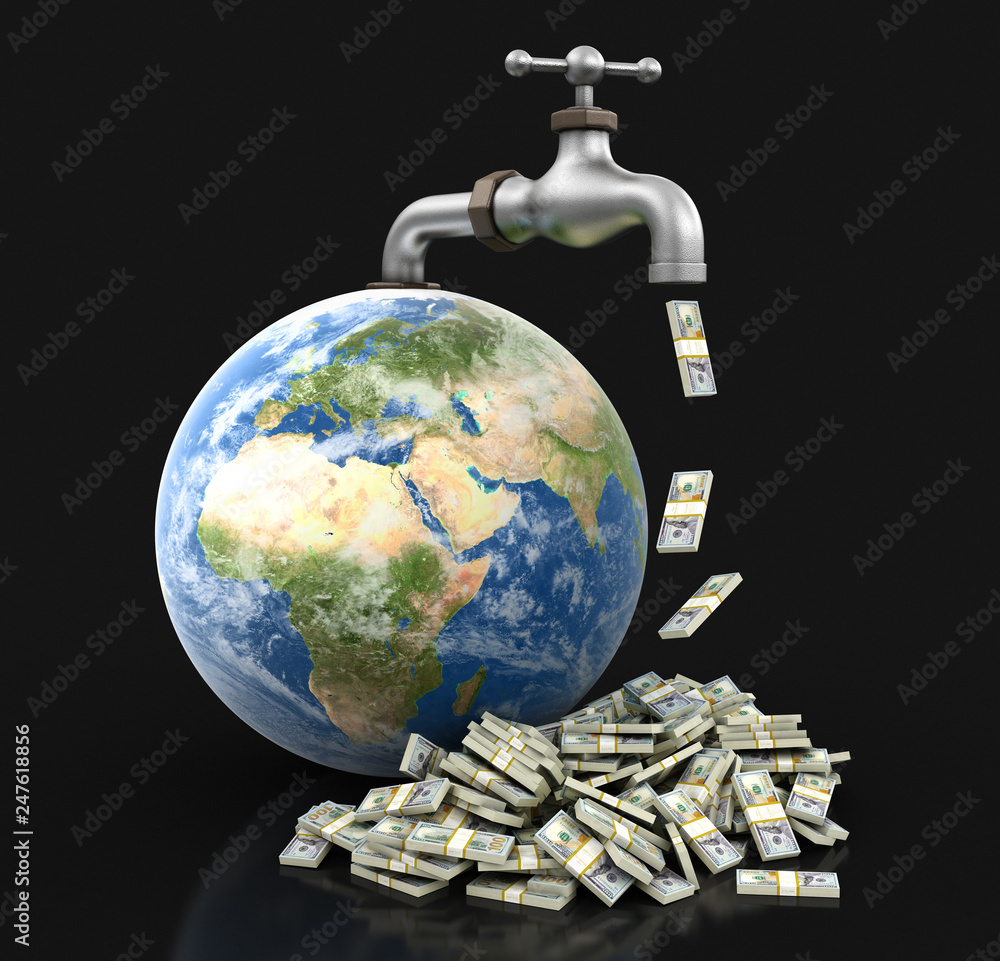 Poster 3d globe and faucet with dollars. image with clipping path