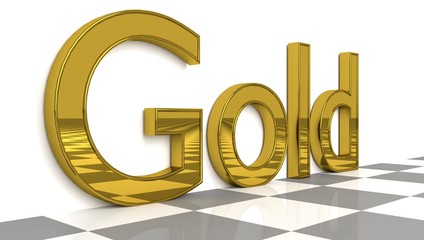 Gold sign in glossy gold on a white background and a checkerboard pattern floor for an interesting header for investment in golds with copy space. 3d Rendering - Illustration