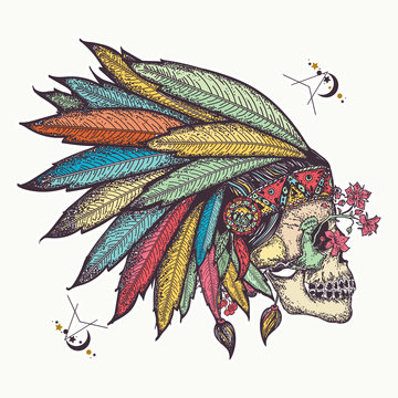 Indian skull. Tattoo and t-shirt design. Warrior symbol. Native American indian feather headdress with human skull