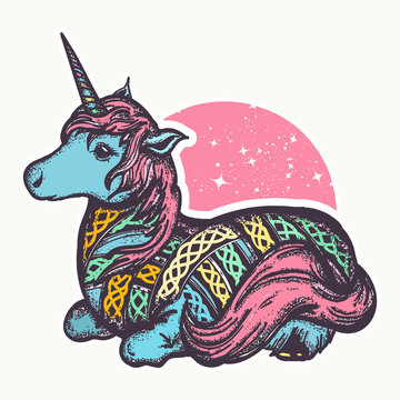 Magic unicorn. Fairy tale tattoo and t-shirt design. Symbol of dreams