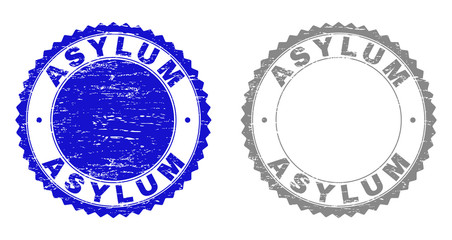 Grunge ASYLUM stamp seals isolated on a white background. Rosette seals with grunge texture in blue and gray colors. Vector rubber watermark of ASYLUM caption inside round rosette.