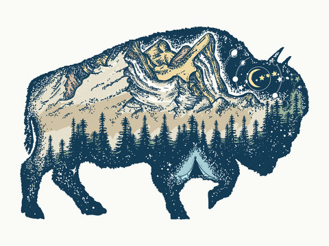 Buffalo bull tattoo and t-shirt design. Magic tribal bison double exposure animals. Travel symbol, adventure tourism. Mountain, forest, night sky