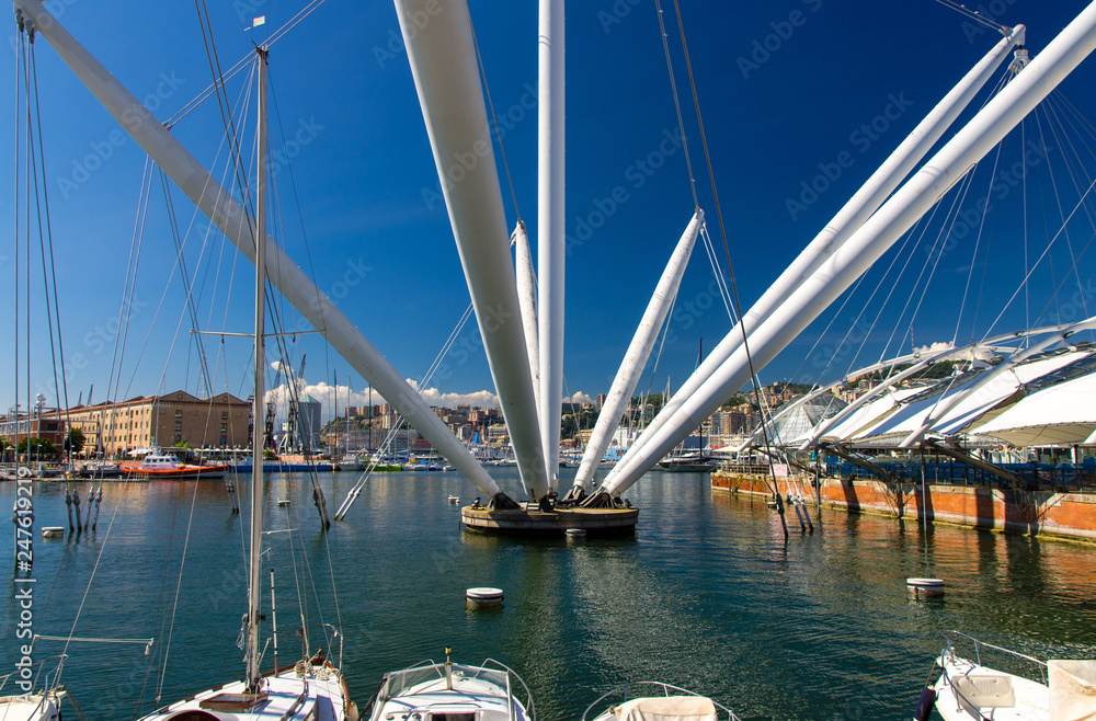 Wall mural port porto antico harbor with luxury white yachts and attractions, bigo construction in historical c