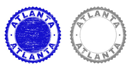 Grunge ATLANTA stamp seals isolated on a white background. Rosette seals with grunge texture in blue and gray colors. Vector rubber overlay of ATLANTA caption inside round rosette.