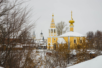 Winter landscape with church in Suzdal in Vladimir region, Russia