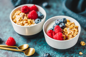 Vegetarian breakfast, a bowl with organic granola, fresh raspberries and blueberries and coconut yoghurt.
