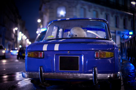 Rear view of a vintage car