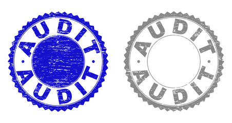Grunge AUDIT stamp seals isolated on a white background. Rosette seals with grunge texture in blue and gray colors. Vector rubber imitation of AUDIT text inside round rosette.