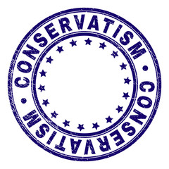 CONSERVATISM stamp seal watermark with grunge texture. Designed with round shapes and stars. Blue vector rubber print of CONSERVATISM text with scratched texture.