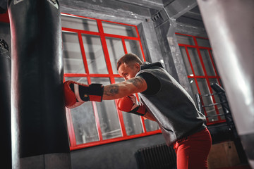 Be strong. Confident young boxer in red sports gloves training on heavy punch bag in boxing gym