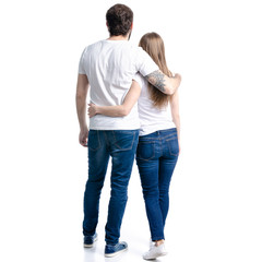 Woman and man relationships looking on a white background. Isolation, back view