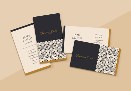 Business Card Layout with Abstract Pattern and Tan Accents