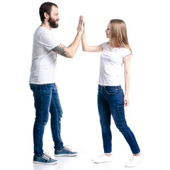 Woman gives five to man isolation on a white background
