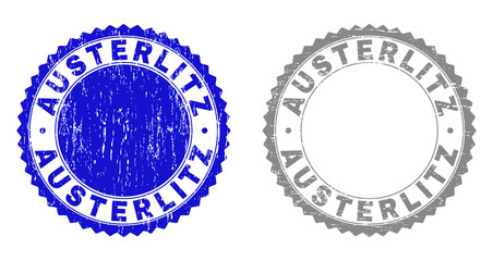 Grunge AUSTERLITZ stamp seals isolated on a white background. Rosette seals with grunge texture in blue and gray colors. Vector rubber overlay of AUSTERLITZ text inside round rosette.