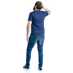 A man holds his head on a white background. Isolation, back view
