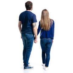 Man and woman hold hands on white background isolation, back view