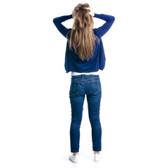 Woman in jeans holding her head on white background isolation, back view