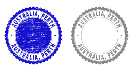 Grunge AUSTRALIA, PERTH stamps isolated on a white background. Rosette seals with grunge texture in blue and grey colors. Vector rubber imitation of AUSTRALIA, PERTH tag inside round rosette.