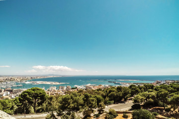 The seascape on yachting marina in Palma de Mallorca from the tower Belver on the island, Spain