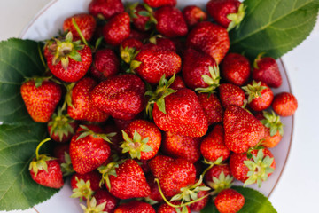 Red strawberries on a white plate. A lot of berries. Summer fruits