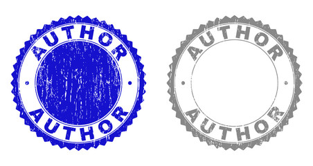 Grunge AUTHOR stamp seals isolated on a white background. Rosette seals with grunge texture in blue and grey colors. Vector rubber imprint of AUTHOR label inside round rosette.