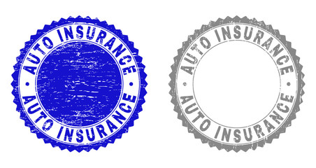 Grunge AUTO INSURANCE stamp seals isolated on a white background. Rosette seals with grunge texture in blue and grey colors. Vector rubber watermark of AUTO INSURANCE caption inside round rosette.