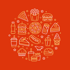 Fast food circle illustration with flat line icons. Thin vector signs for restaurant menu poster - burger, french fries, soda, pizza, hot dog, cheesecake, coffee, ice cream. Junk food concept