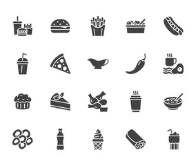 Fast food flat line glyph set. Burger, combo lunch, french fries, hot dog, sauce, salad, soup, pizza vector illustrations. Signs for restaurant menu. Solid silhouette pixel perfect 64x64