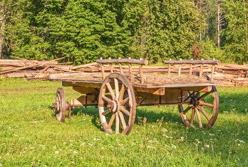 Vintage wooden cart stands on the lawn in the forest