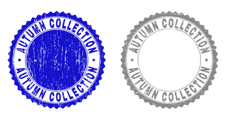 Grunge AUTUMN COLLECTION stamp seals isolated on a white background. Rosette seals with grunge texture in blue and grey colors. Vector rubber imitation of AUTUMN COLLECTION text inside round rosette.
