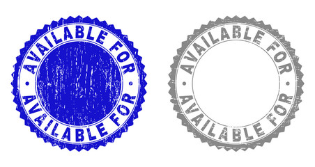 Grunge AVAILABLE FOR stamp seals isolated on a white background. Rosette seals with grunge texture in blue and gray colors. Vector rubber imitation of AVAILABLE FOR label inside round rosette.