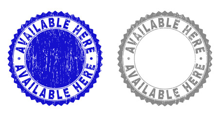 Grunge AVAILABLE HERE stamp seals isolated on a white background. Rosette seals with grunge texture in blue and grey colors. Vector rubber watermark of AVAILABLE HERE tag inside round rosette.