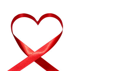 Heart shaped by red silk ribbon. Lest side view. Postcard isolated concept with copy space