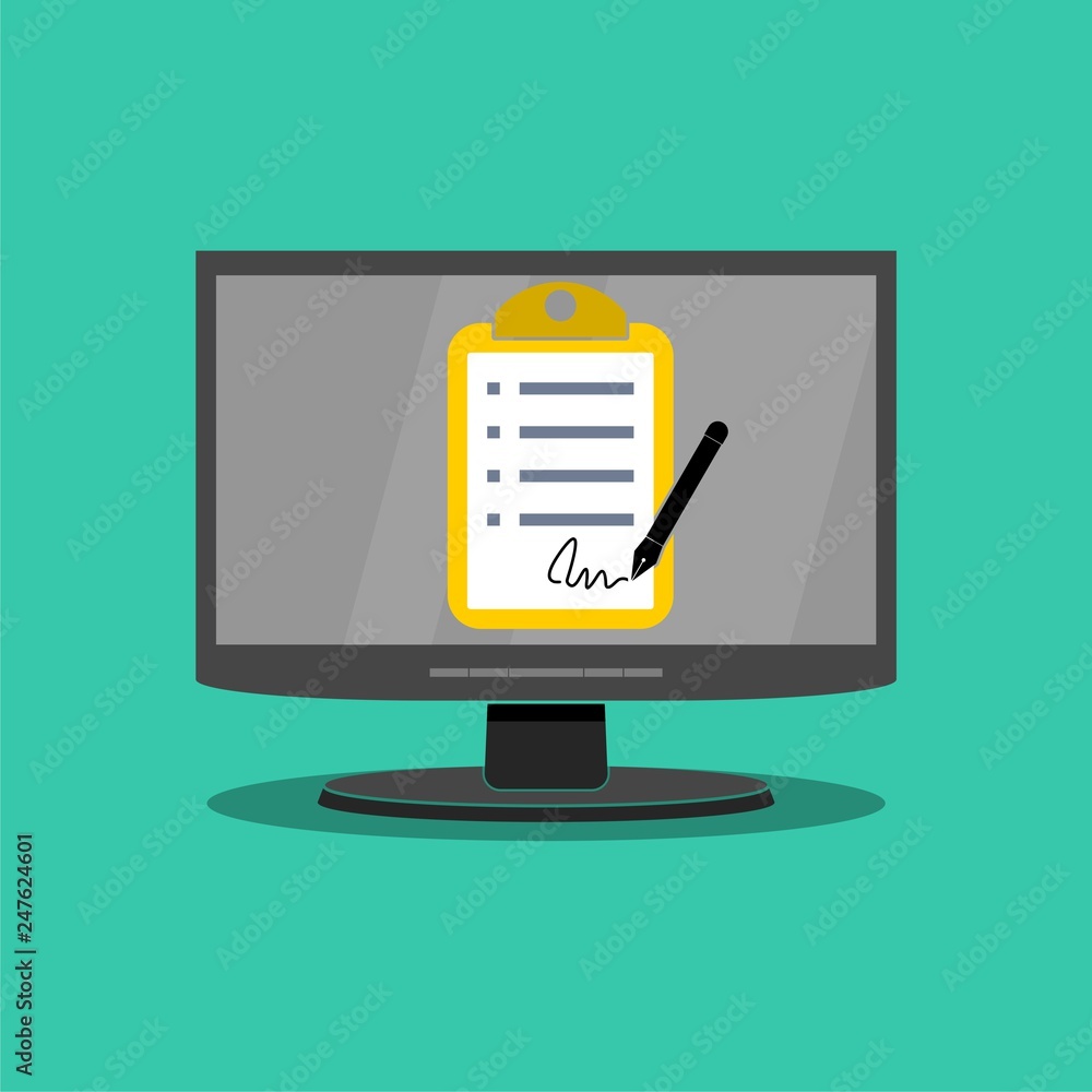 Poster online electronic documents, document with signature on computer screen