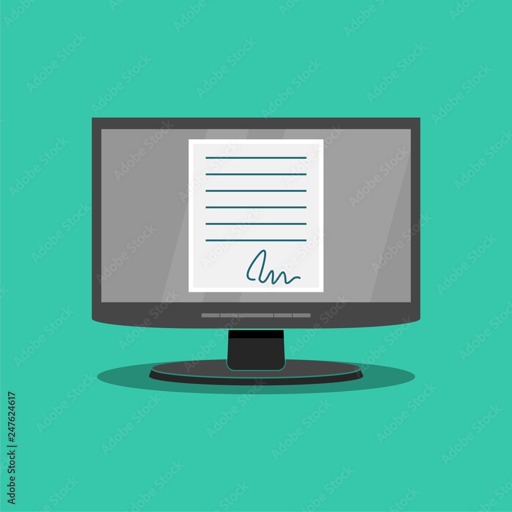 Poster online electronic documents, document with signature on computer screen