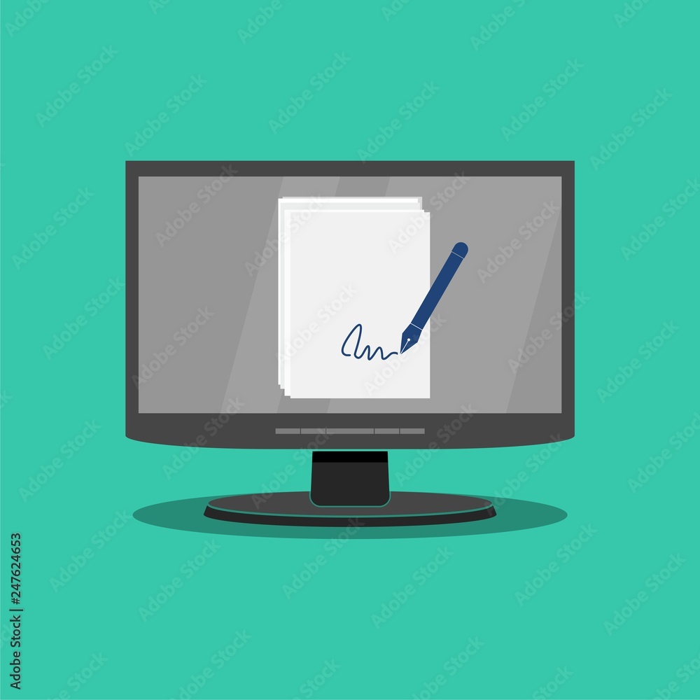 Poster online electronic documents, document with signature on computer screen
