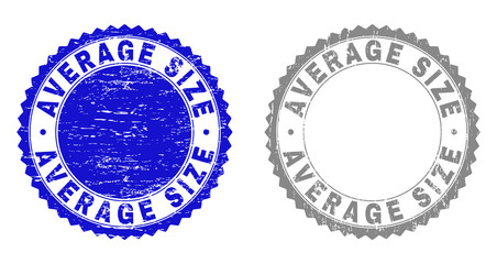 Grunge AVERAGE SIZE stamp seals isolated on a white background. Rosette seals with grunge texture in blue and gray colors. Vector rubber imitation of AVERAGE SIZE label inside round rosette.