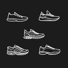 Set of men's sport footwear outlined icons in dark background