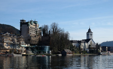 St. Wolfgang village waterfront at Wolfgangsee lake in Austria 