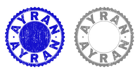Grunge AYRAN stamp seals isolated on a white background. Rosette seals with grunge texture in blue and gray colors. Vector rubber watermark of AYRAN title inside round rosette.