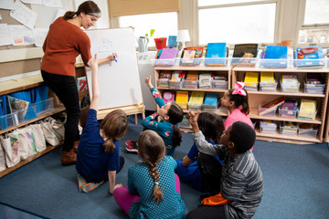 Teacher using whiteboard with students