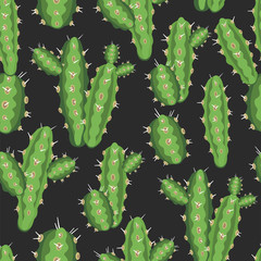Naklejka premium botanical illustration with Peruvian cactus. Vector seamless pattern on black background. Summer plants.