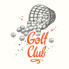 Golf basket with balls. Vector set of hand-drawn sports equipment. Illustration in sketch style on white background. Brush calligraphy elements for your design. Handwritten ink lettering.