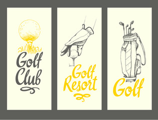Golf layout banners with ball, bag, clubs, glove. Vector set of hand-drawn sports equipment. Illustration in sketch style on white background. Brush calligraphy elements for your design.