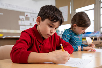 Students taking test in class