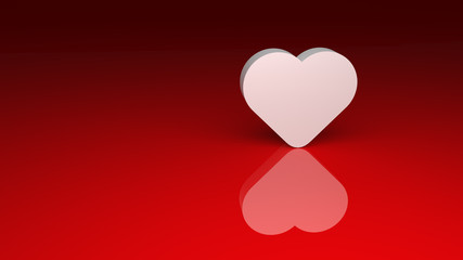 White 3D heart placed on glossy red desk with reflection. Symbol of romantic valentines day. Free space for custom text or love greeting. 3D render
