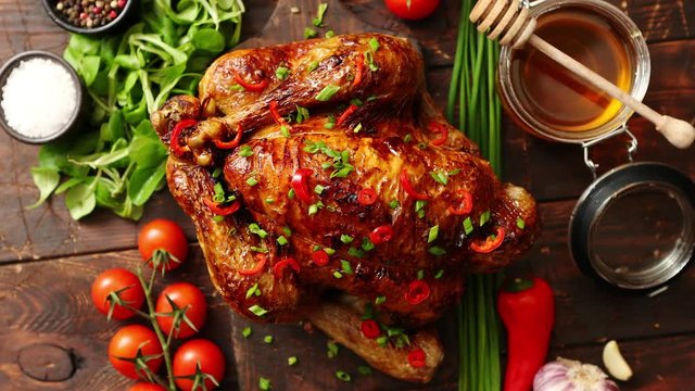 Roasted whole chicken or turkey served with chilli pepers and chive