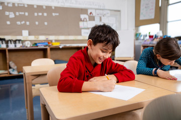 Boy smiling while taking test